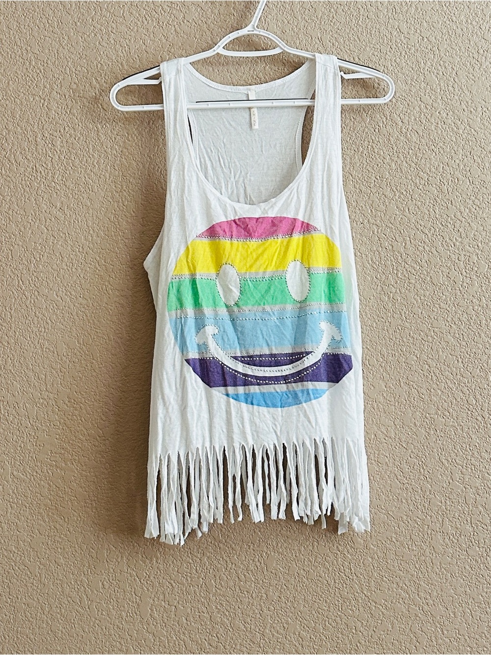 White Fringe Tank Top with Rainbow Smiley Graphic